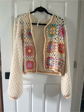 Crochet Granny Square Cardigan - Cream M/L